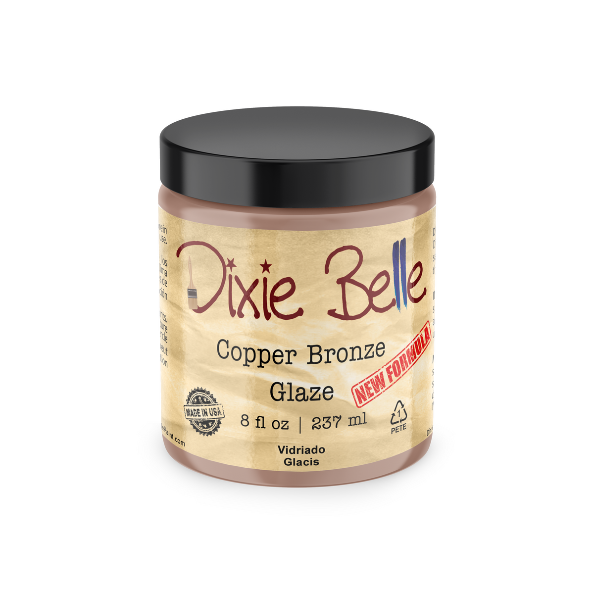 A jar of Dixie Belle Copper Bronze Glaze, 8 fl oz, featuring a black lid and a beige label with red and blue text, set against a plain white background.