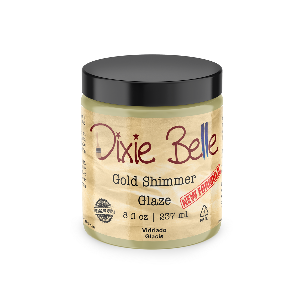 A jar of Dixie Belle Gold Shimmer Glaze, 8 fl oz, featuring a black lid and a beige label with gold glittery text, set against a plain white background.