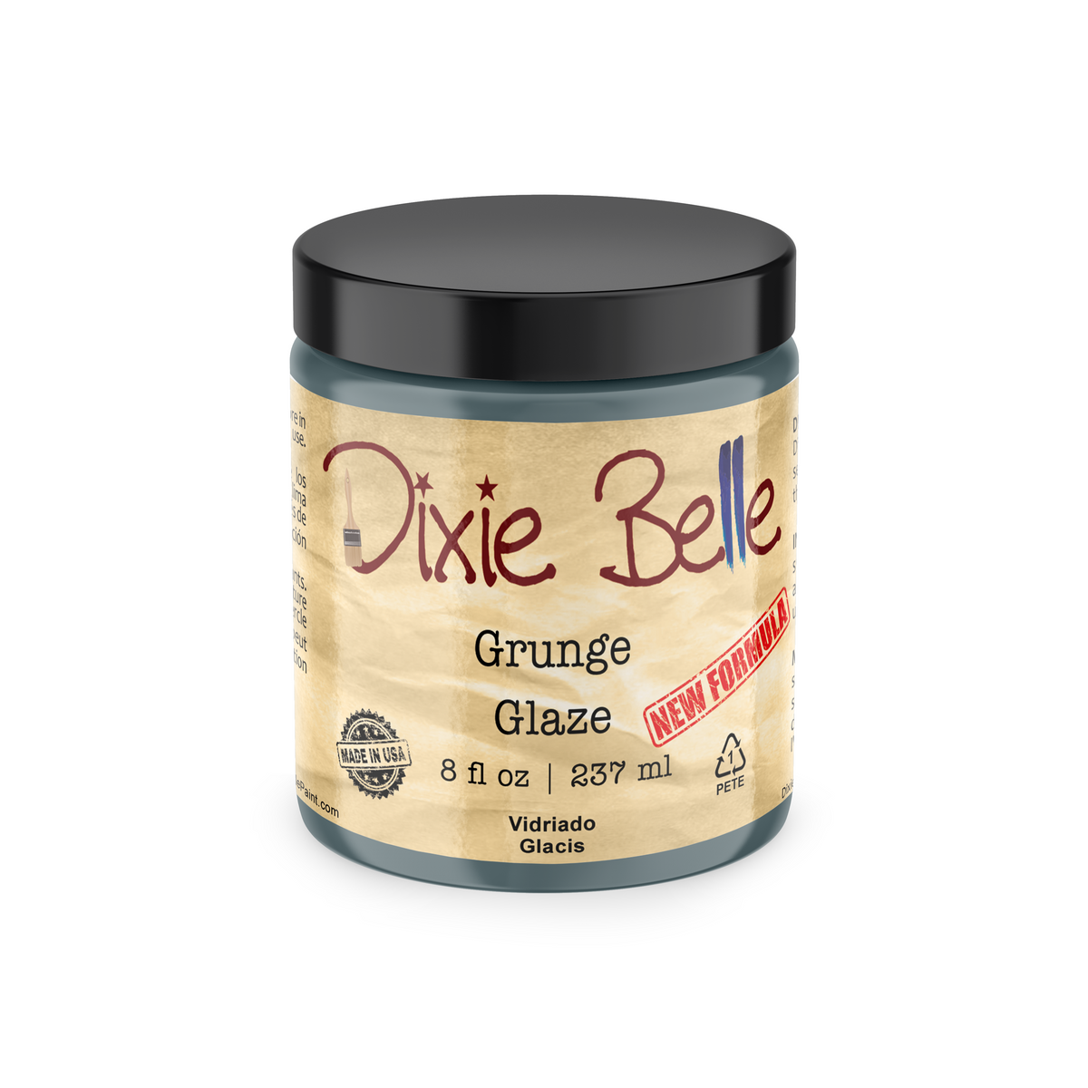 A jar of Dixie Belle Grunge Glaze, featuring a black lid and a textured beige label with red and blue lettering.