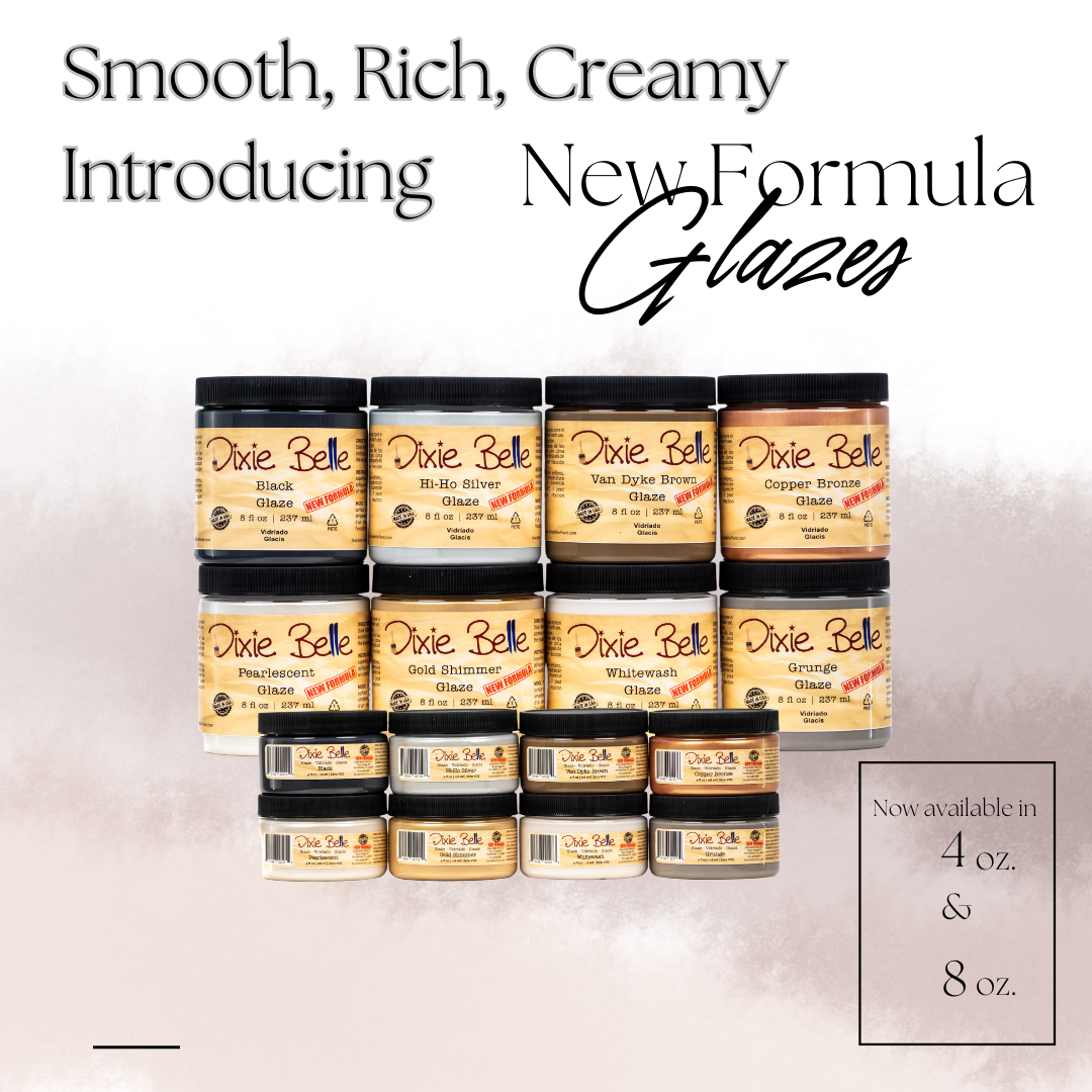 Display of Dixie Belle glazes with text about a new formula on a light background