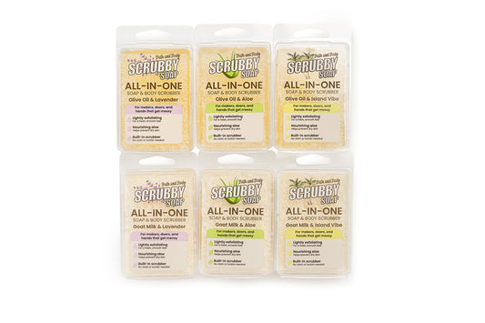Set of Scrubby Soap all-in-one soap and body scrubbers on a white background