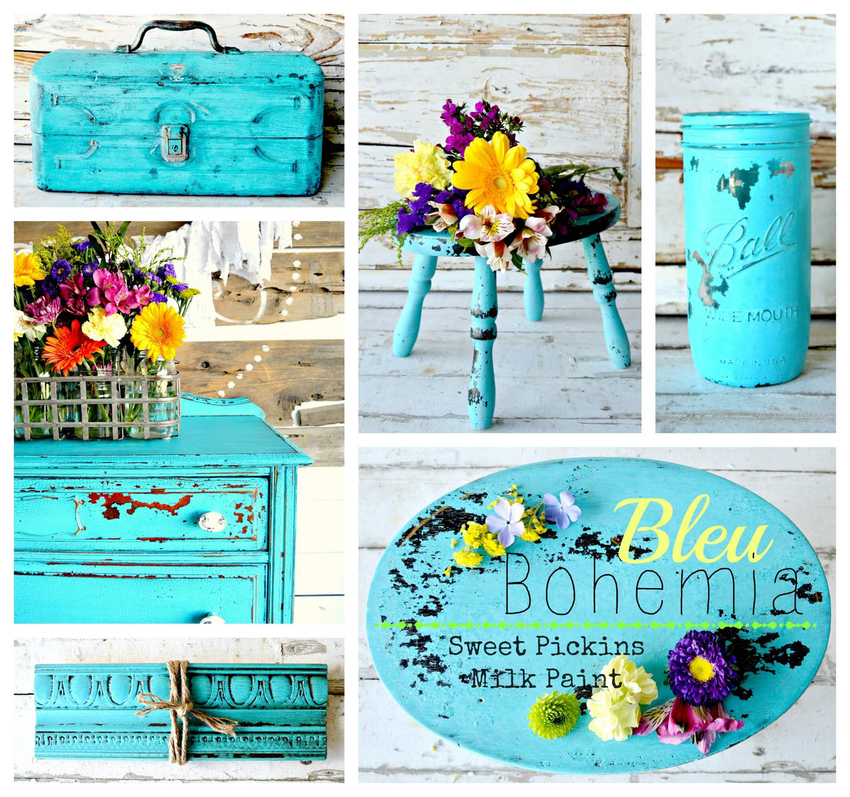 Collage of turquoise furniture and decor with floral arrangements.