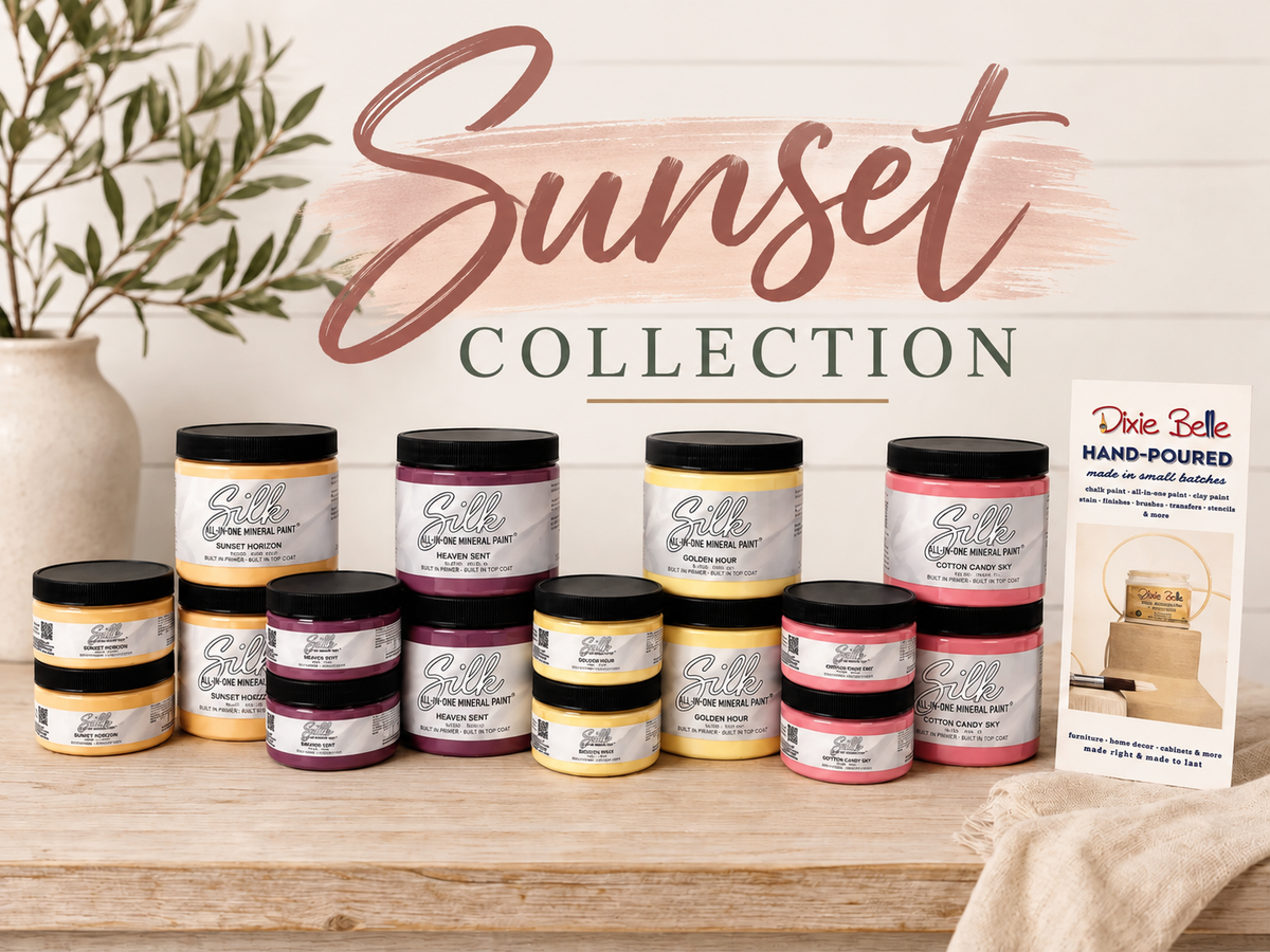 Dixie Belle Silk Sunset Collection. The products include shades of yellow, pink, purple, and white, with black lids.