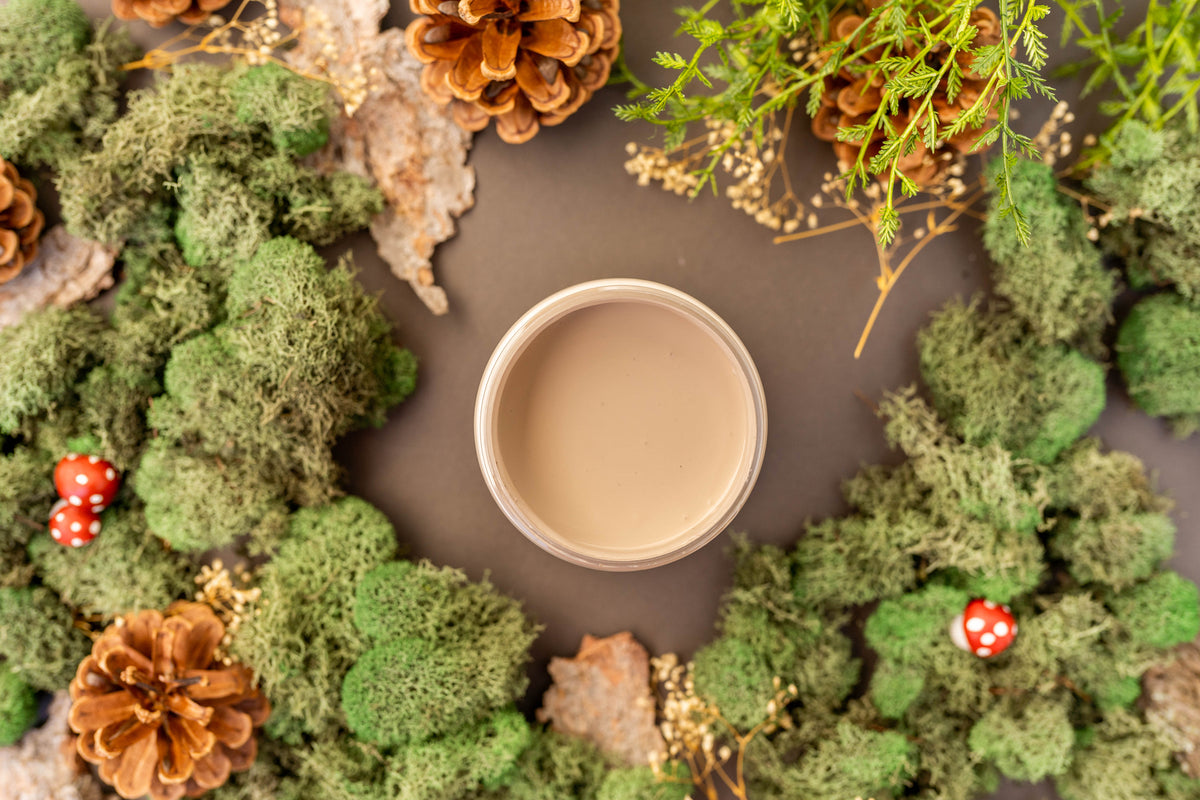 Brown paint jar surrounded by greenery and pinecones on a dark surface
