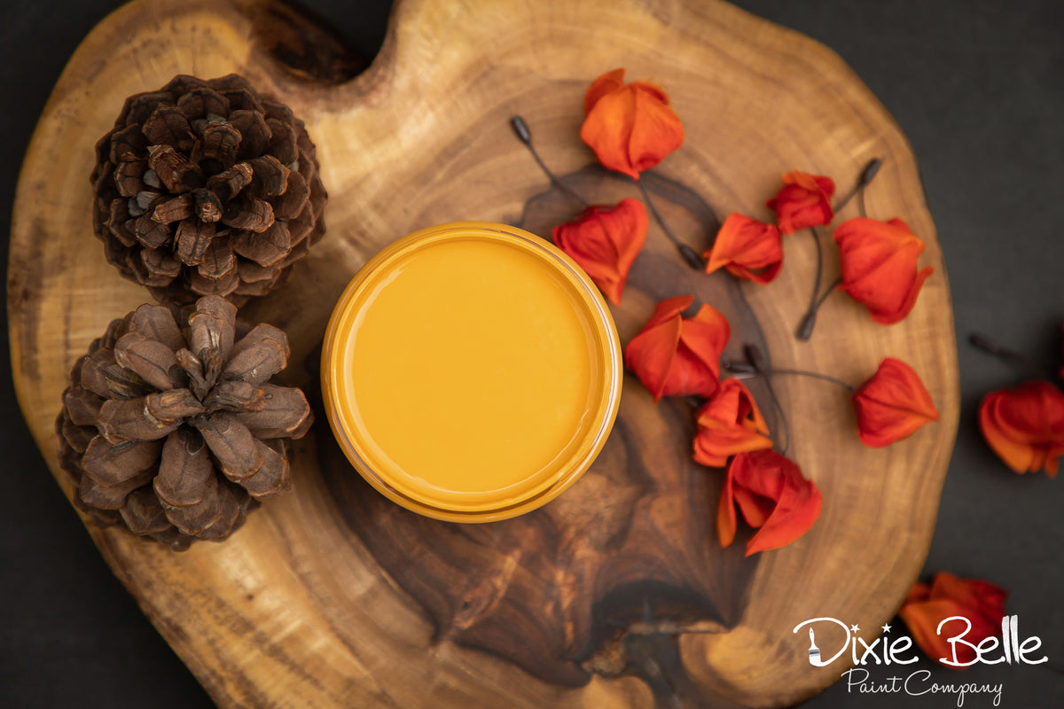 Yellow paint jar in a wooden holder with pine cones and red flowers on a dark background