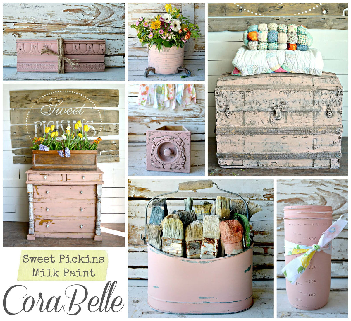 Collage of various rustic and vintage-style items with 'Cora Belle' branding.