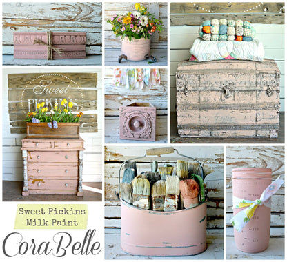 Collage of various rustic and vintage-style items with 'Cora Belle' branding.