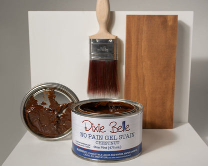 Dixie Belle gel stain with a brush and wood sample on a white background