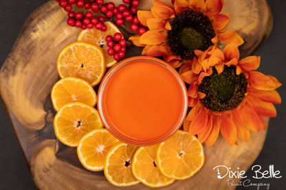 A top-down styled product shot of a florida orange paint jar, surrounded by sliced orange wedges, red berries, and orange sunflowers on a wooden board. The Dixie Belle Paint Company logo appears in the bottom right corner.
