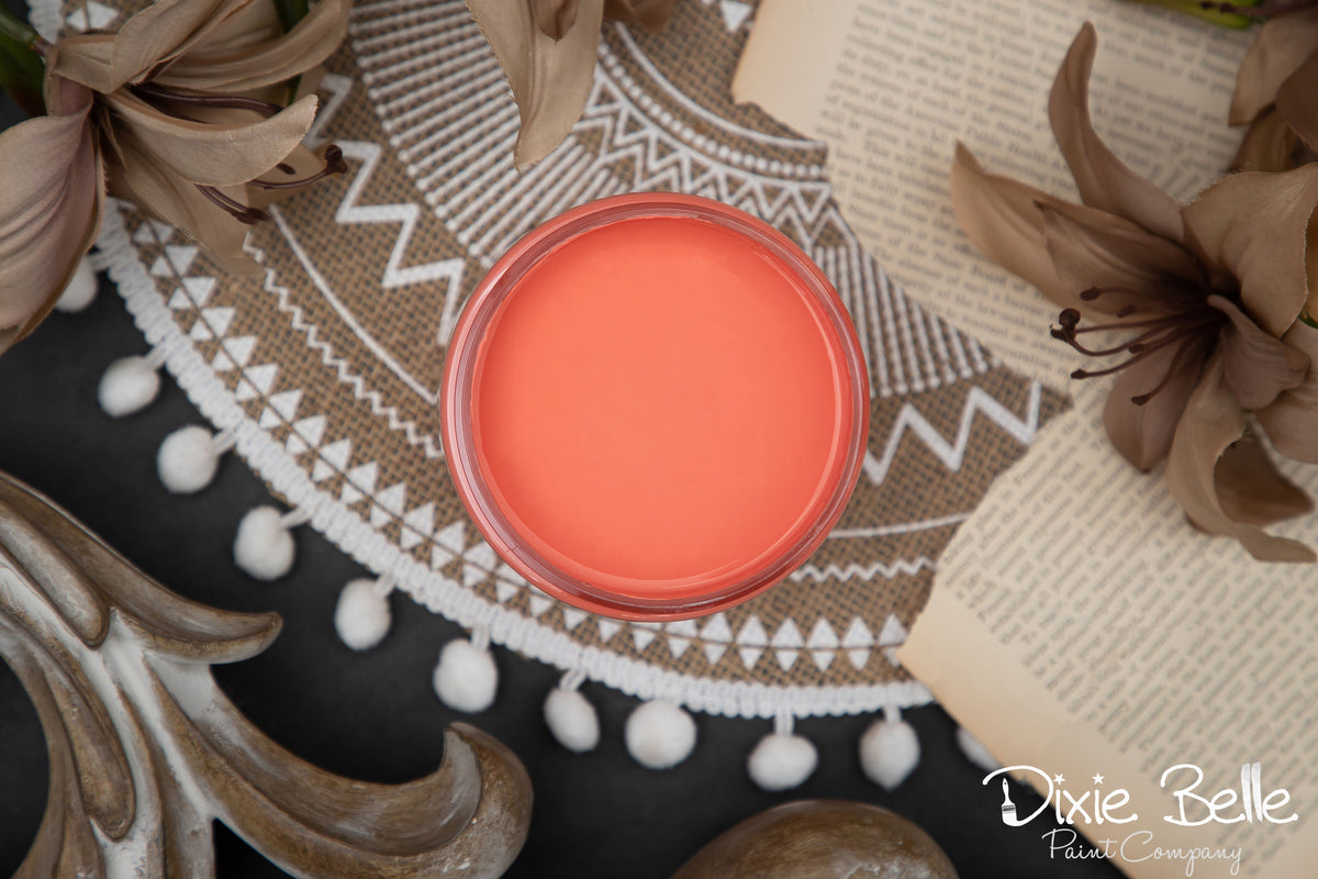 A top-down view of a round glass jar filled with a vibrant coral-pink paint, surrounded by decorative props including a patterned textile, vintage book pages, dried flowers, and a wooden ornament. The Dixie Belle Paint Company logo is visible in the bottom right corner.