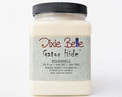 A jar of Dixie Belle Gator Hide Eggshell resin, featuring a black ribbed screw cap and a textured light gray label with the brand name and product details.