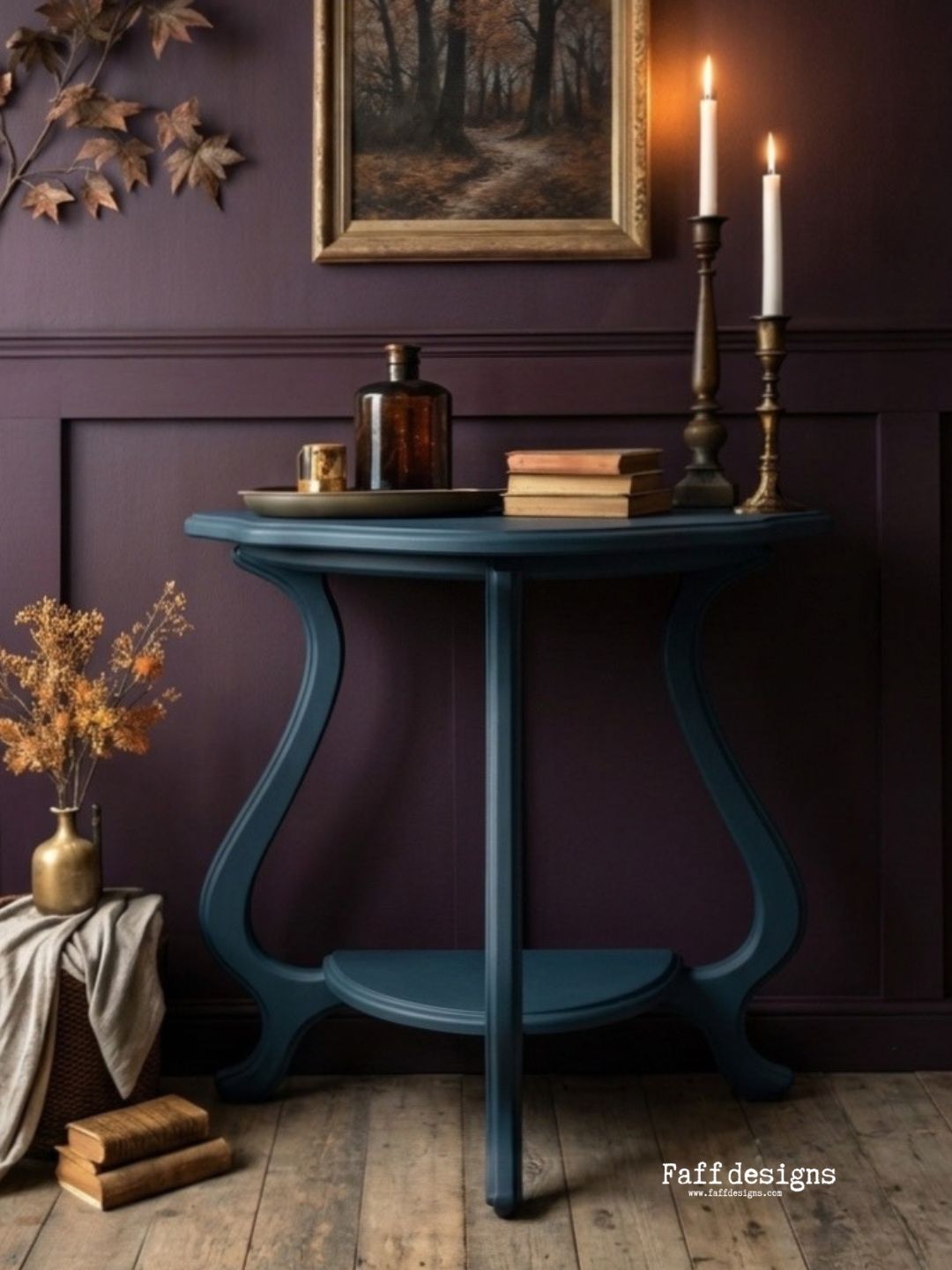 Blue side table with decorative items against a dark purple wall, featuring the brand 'Faff designs'.