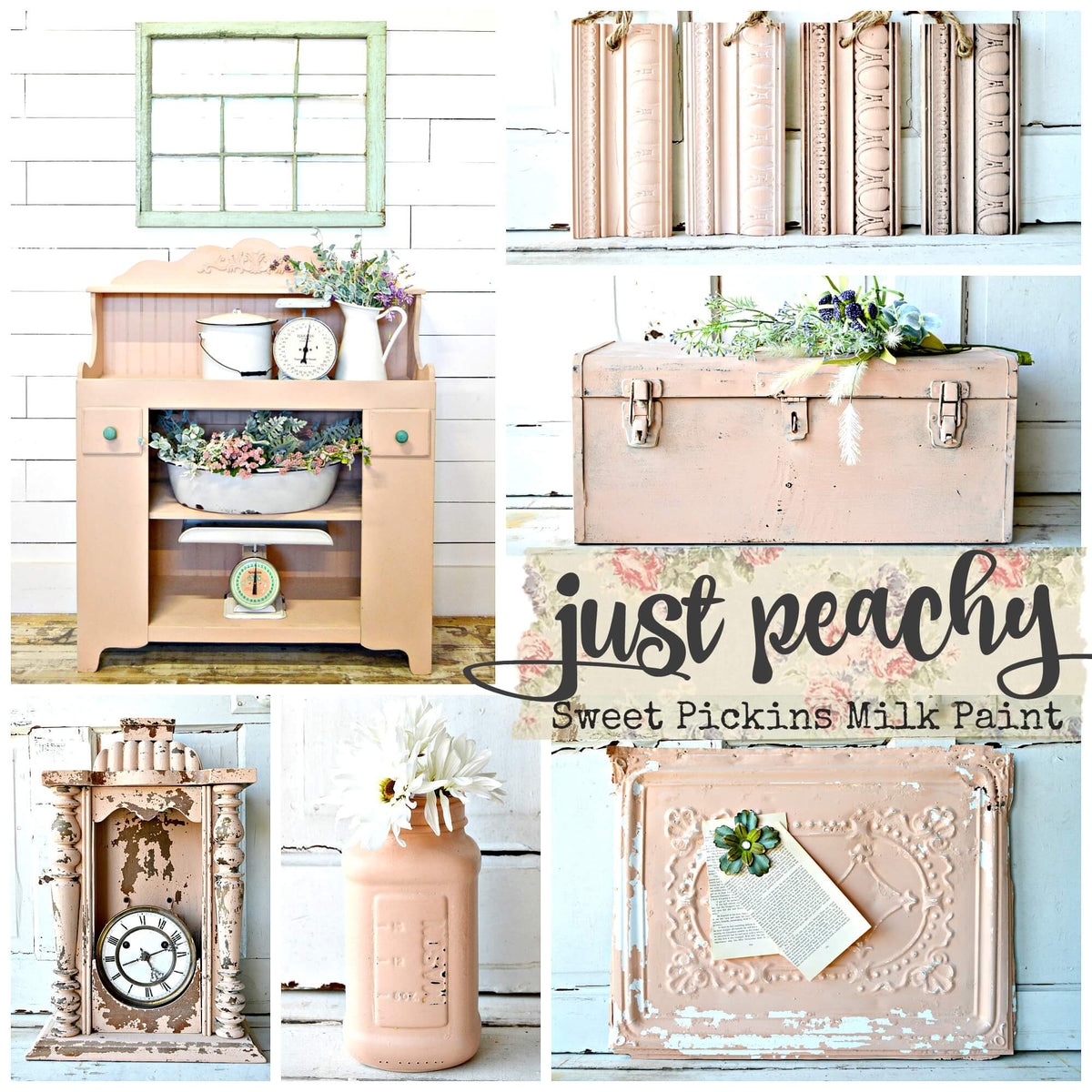 Collage of wooden furniture and decor items with 'just peachy' text, featuring Sweet Pickins Milk Paint.