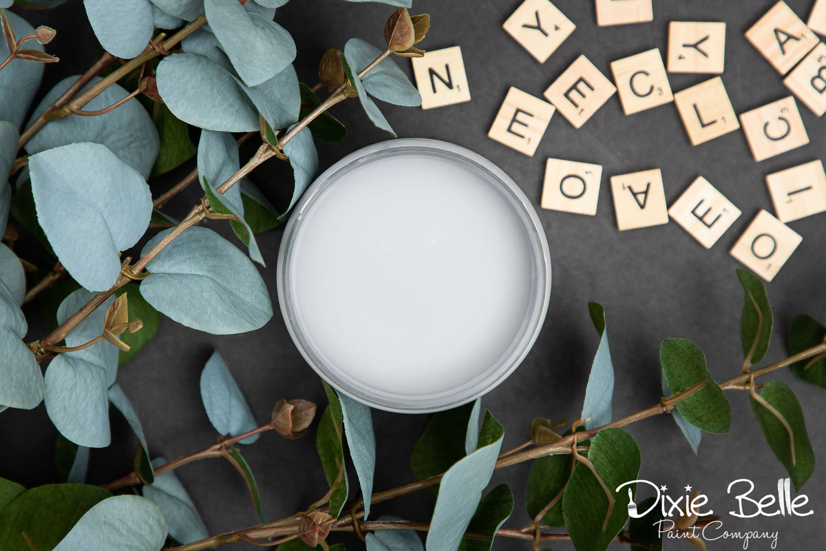 Dixie Belle Paint color Manatee gray container with green leaves and scattered letters on a dark surface, featuring the brand 'Dixie Belle'.