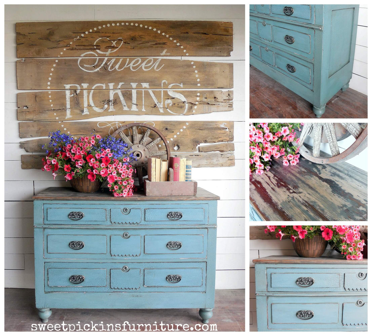 Collage of a distressed blue dresser with floral arrangements and decorative elements.