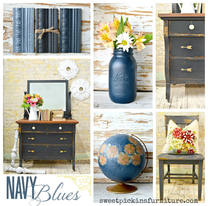 A six-panel collage showcasing furniture and decor in a rustic, shabby-chic style, with a prominent text overlay at the bottom left reading 'NAVY Blues' and a website URL at the bottom right. The panels feature a navy blue dresser, a navy blue mason jar vase with flowers, a navy blue chest of drawers, a navy blue globe, and a navy blue chair with a floral pillow.