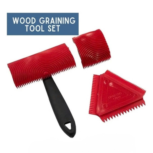 Wood graining tool set with three red plastic scraping and smoothing tools and black handles, shown on a white background with a blue text label reading 'WOOD GRAINING TOOL SET'.