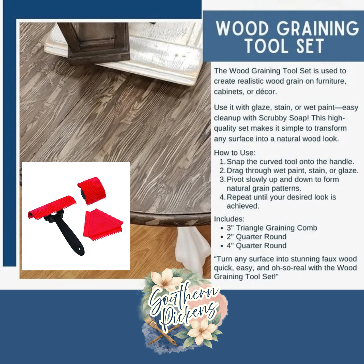 Promotional graphic for a Wood Graining Tool Set, showing a wood floor sample, a white cat walking, and the included tools: a red and black triangular graining comb, a red and black quarter-round sanding block, and a red and black quarter-round sanding disc. The graphic includes a 'How to Use' section and a 'Southern Pickens' logo at the bottom.