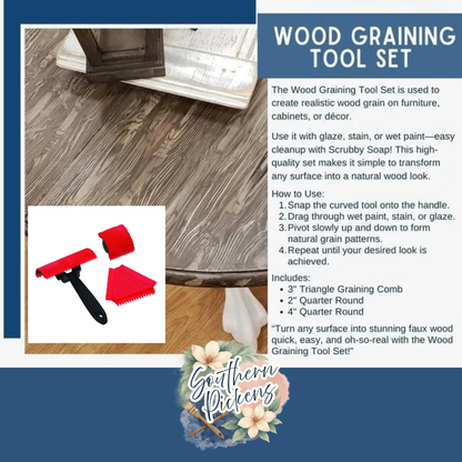 Promotional graphic for a Wood Graining Tool Set, showing a wood floor sample, a white cat walking, and the included tools: a red and black triangular graining comb, a red and black quarter-round sanding block, and a red and black quarter-round sanding disc. The graphic includes a 'How to Use' section and a 'Southern Pickens' logo at the bottom.