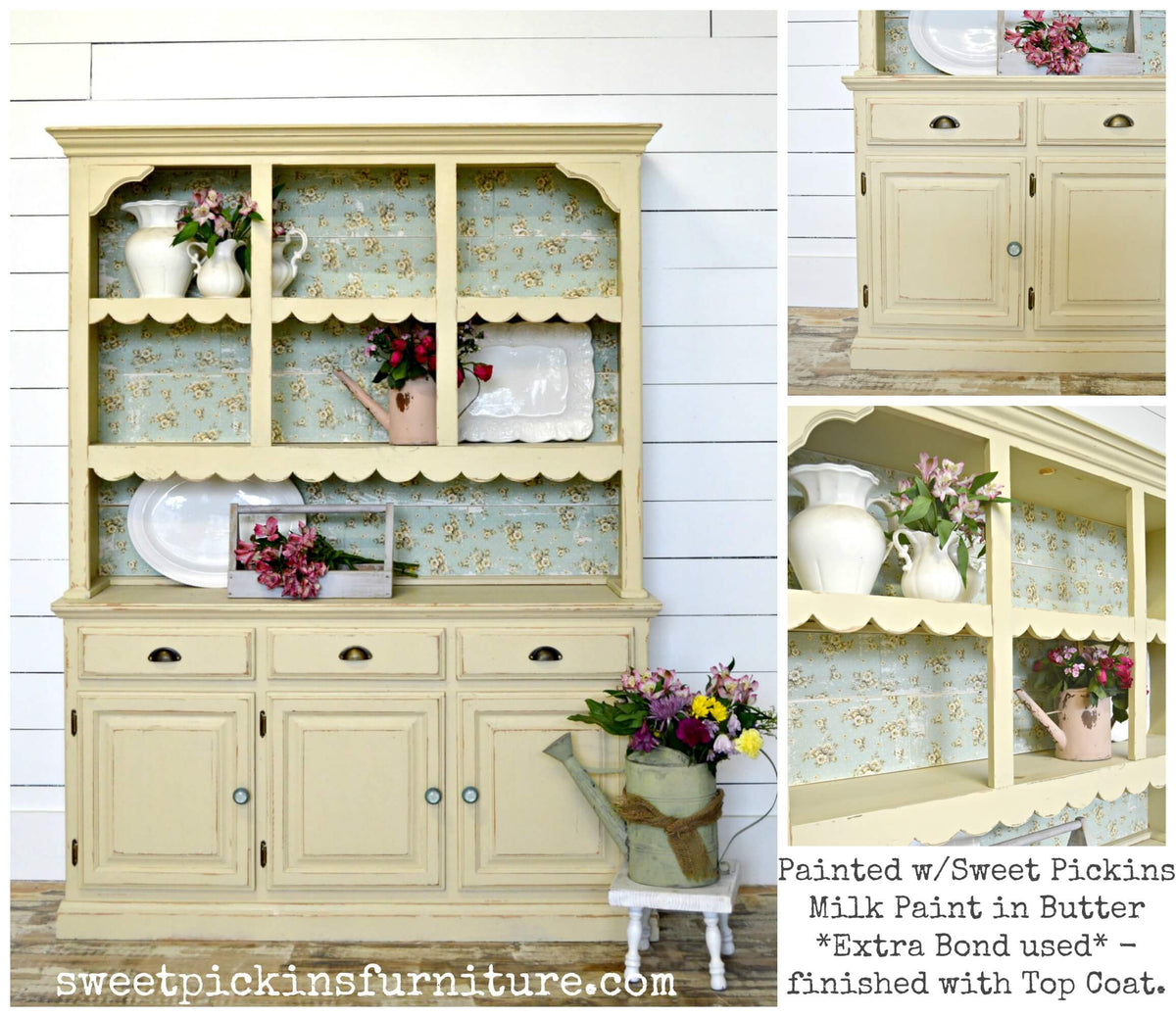 Collage of a painted wooden cabinet with floral patterns on glass panels, featuring Sweet Pickins Furniture branding.