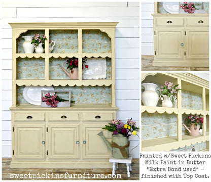 Collage of a painted wooden cabinet with floral patterns on glass panels, featuring Sweet Pickins Furniture branding.