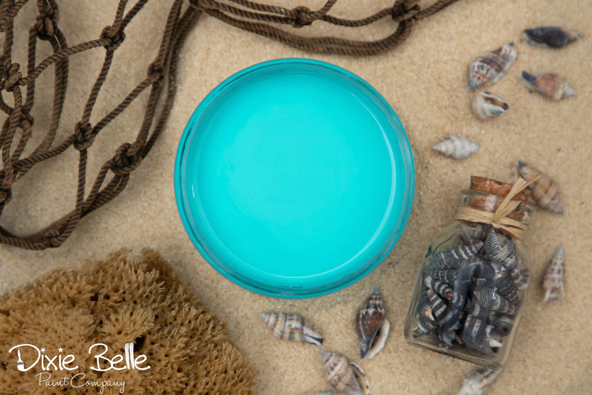 Dixie Belle Paint Pure Ocean on sand with shells and rope