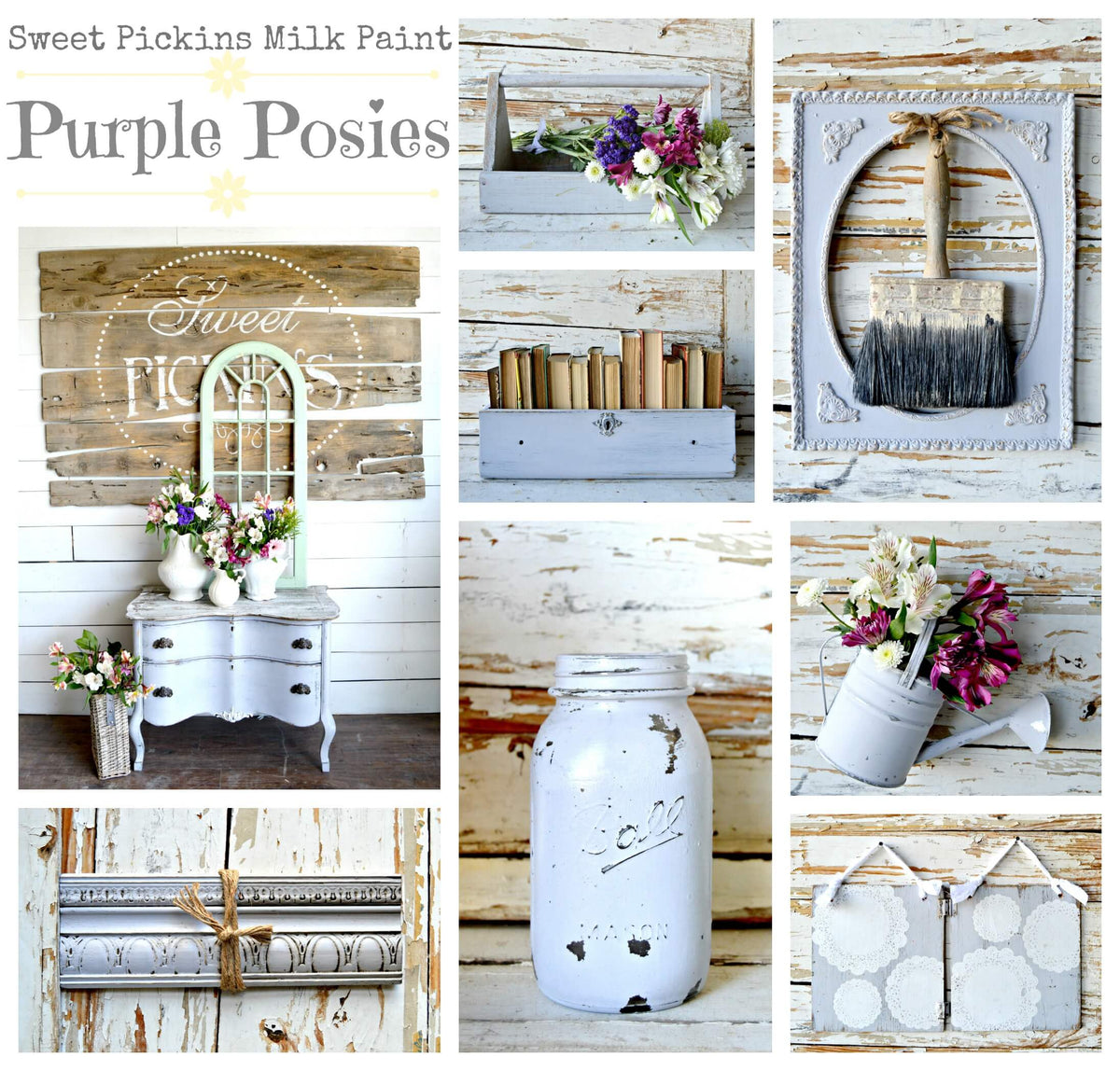 Collage of home decor items with a focus on white and purple paint finishes.