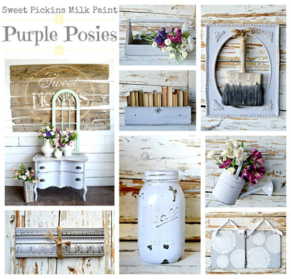 Collage of home decor items with a focus on white and purple paint finishes.