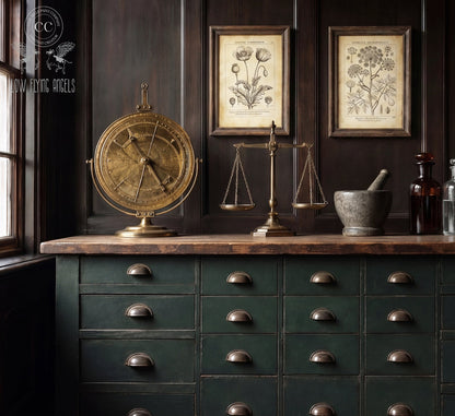 Vintage-style room with a green cabinet, brass compass, and scales on a wooden surface.