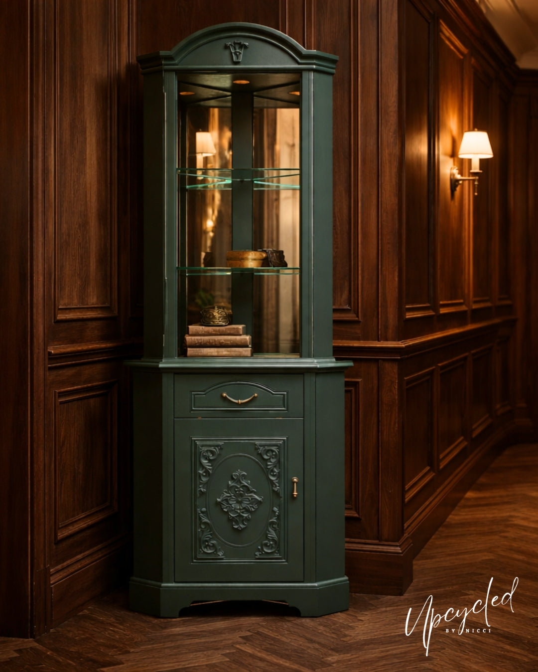 Green corner cabinet in a wooden room with 'Upcycled' branding.