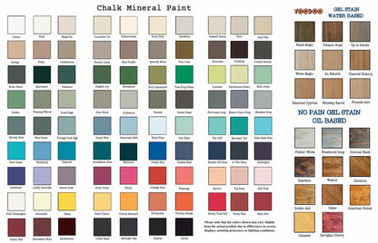 A color chart for Chalk Mineral Paint and Gel Stain Oil Based products, displaying many small square color swatches organized in rows with labeled categories such as neutral, earthy, green, blue, purple, pink, red, yellow, black, white, and wood tones.