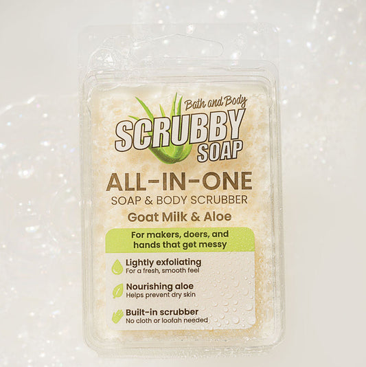 A packaged bath and body scrubber in a clear plastic clamshell container. The label reads 'SCRUBBY SOAP ALL-IN-ONE SOAP & BODY SCRUBBER' with 'Goat Milk & Aloe' below, plus product benefits listed on a white background with a soft sparkly backdrop.