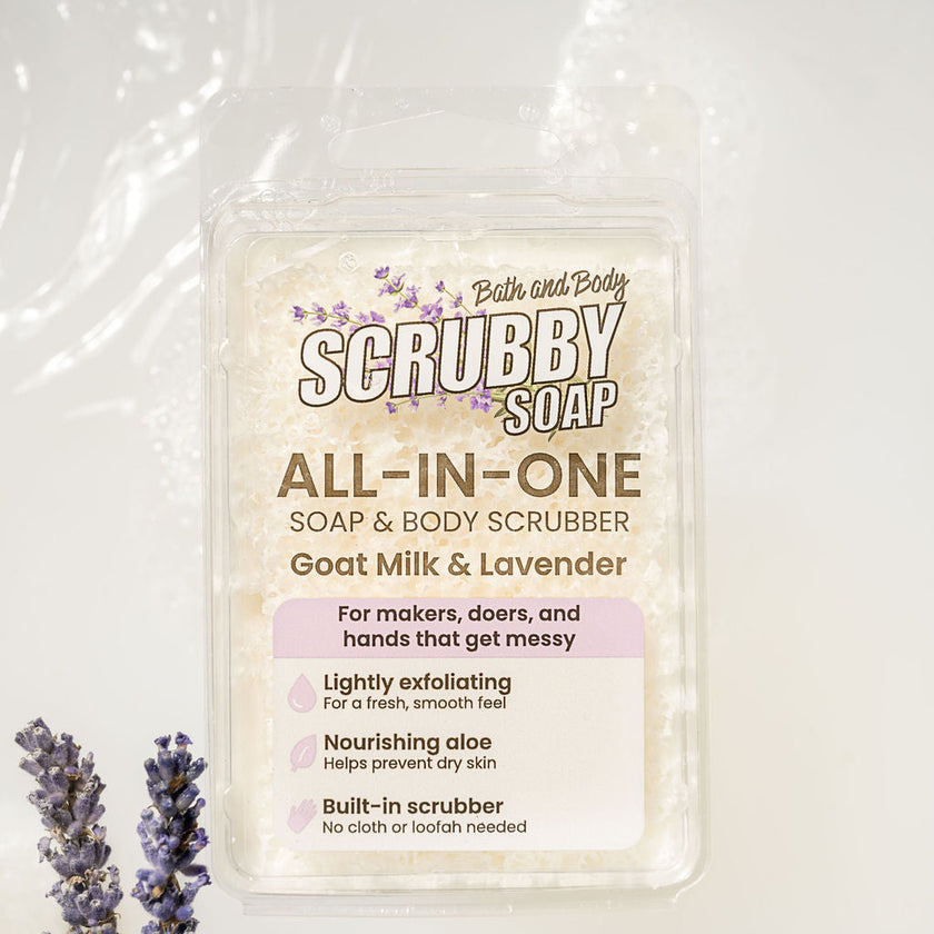 Scrubby Soap packaging with lavender flowers on a light background
