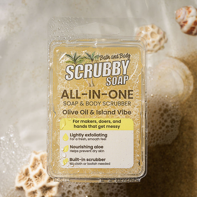 Packaged scrubby soap with 'Scrubby Soap' branding on a textured background.