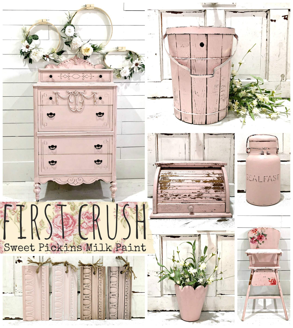 Collage of pink furniture and decor items with 'First Crush Sweet Pickins Milk Paint' branding.