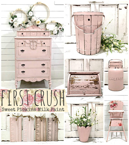 Collage of pink furniture and decor items with 'First Crush Sweet Pickins Milk Paint' branding.