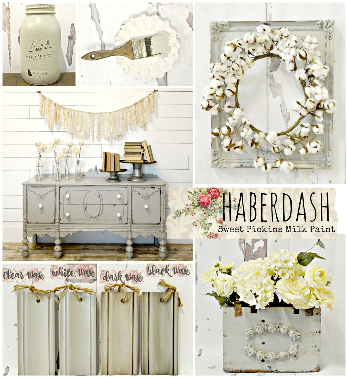 Collage of home decor items with 'Haberdash Sweet Pickins Milk Paint' branding.