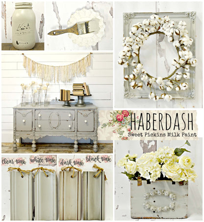 Collage of home decor items with 'Haberdash Sweet Pickins Milk Paint' branding.
