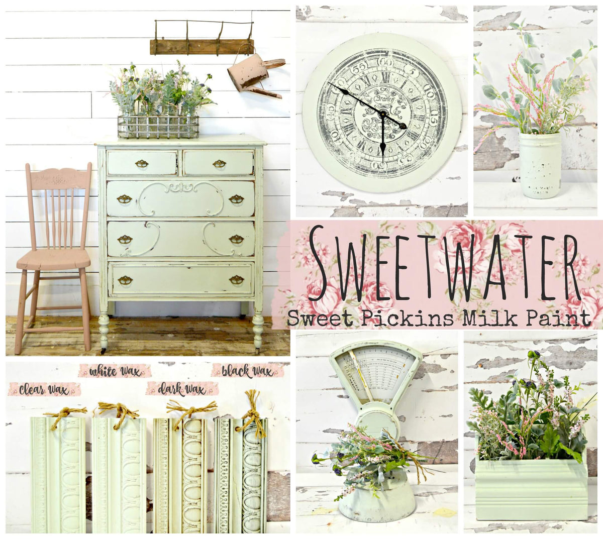 Collage of home decor items with 'Sweetwater' and 'Sweet Pickins Milk Paint' branding.