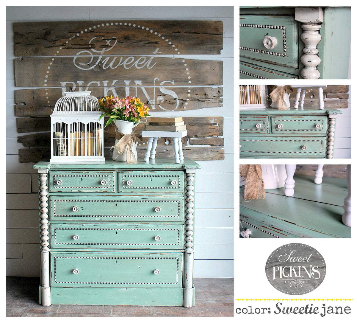 Teal dresser with decorative items against a wooden wall with 'Sweet Pickins' sign.