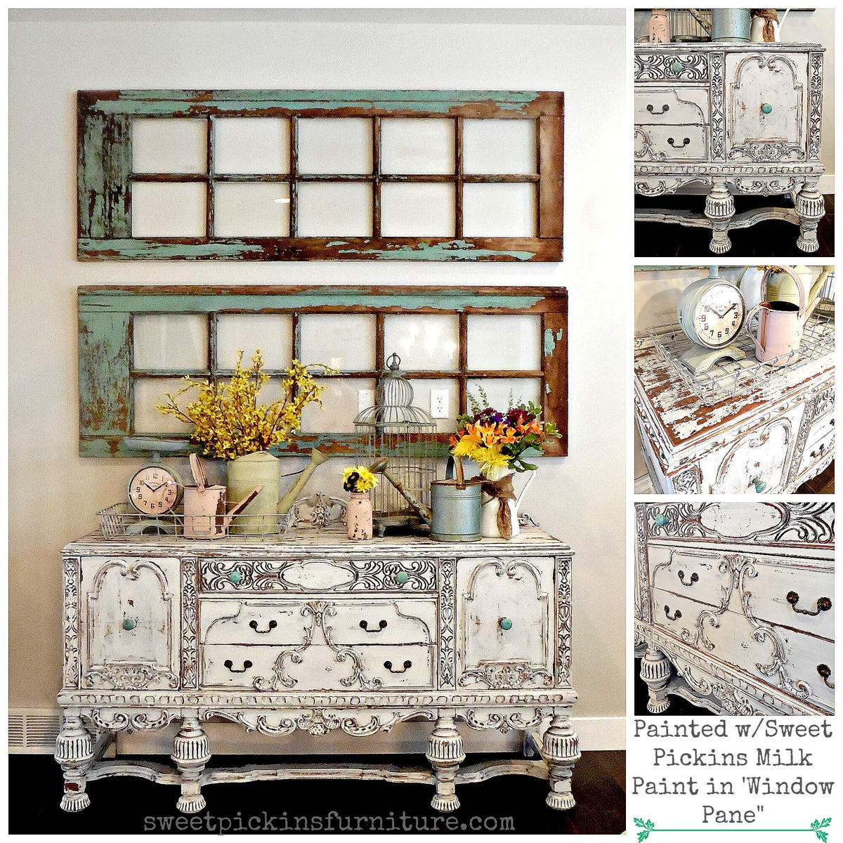 Decorative sideboard with distressed finish and floral arrangements, surrounded by similar furniture pieces.