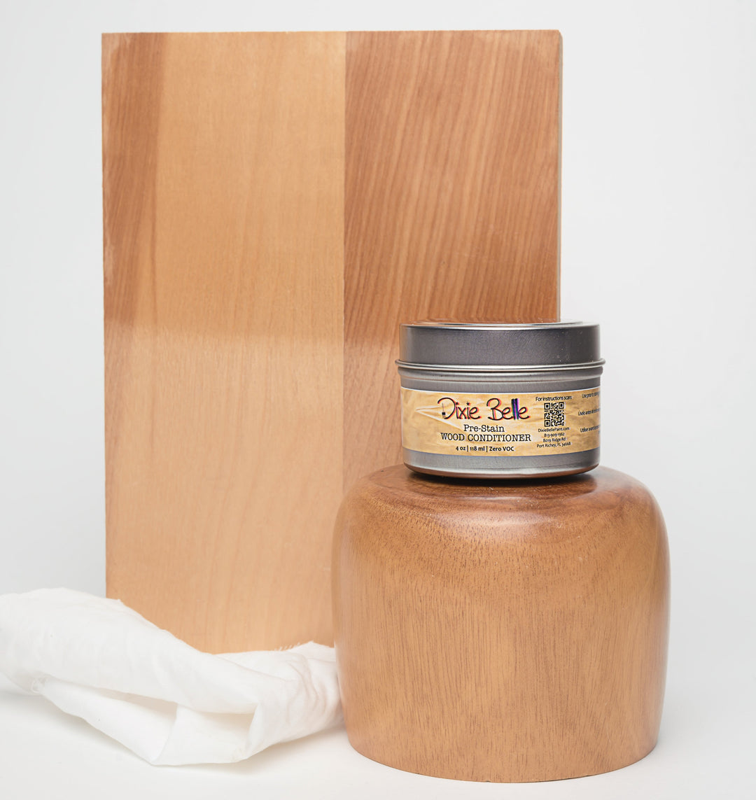 pre-stain wood conditioner container next to piece of wood