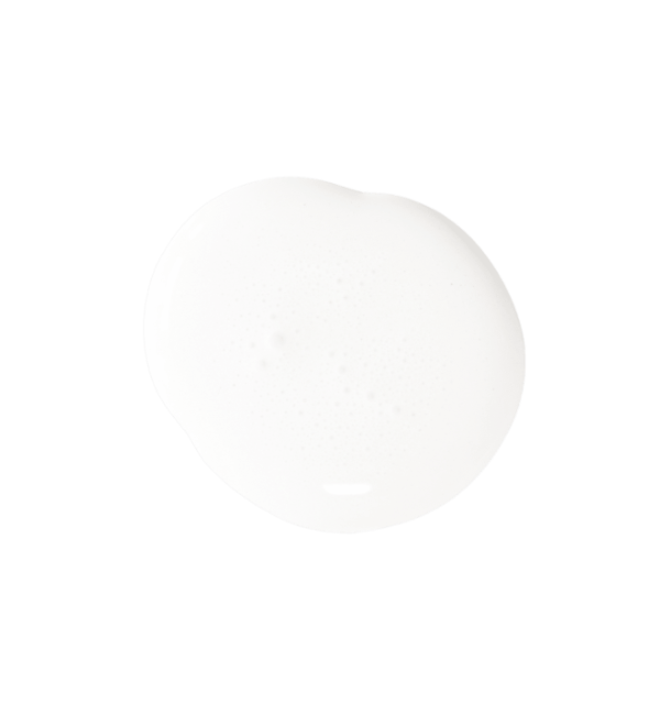 A smooth, glossy white liquid smear or droplet on a solid white background.
