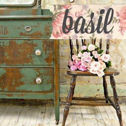 Rustic green dresser with floral arrangement on a wooden chair, featuring the name 'basil'.
