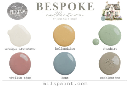 A color selection chart for 'Bespoke collection' by Jami Ray Vintage, featuring six paint swatches labeled 'antique ironstone', 'hollandaise', 'cheshire', 'trellis rose', 'kent', and 'cobblestone'.