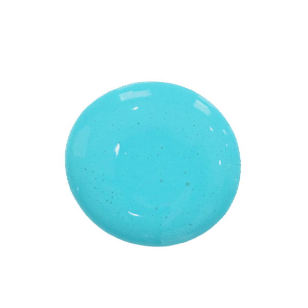 A single glossy drop of bleu bohemia paint, centered on a solid black background.