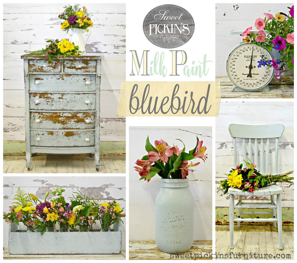 Collage of furniture and decor items with 'Sweet Pickins Milk Paint Bluebird' theme.