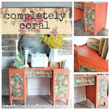 Collage of a coral-painted desk with floral patterns and decor, featuring 'completely coral' text.