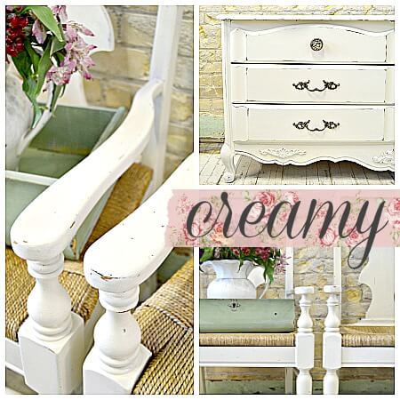 Collage of white furniture and decor with 'creamy' text overlay.