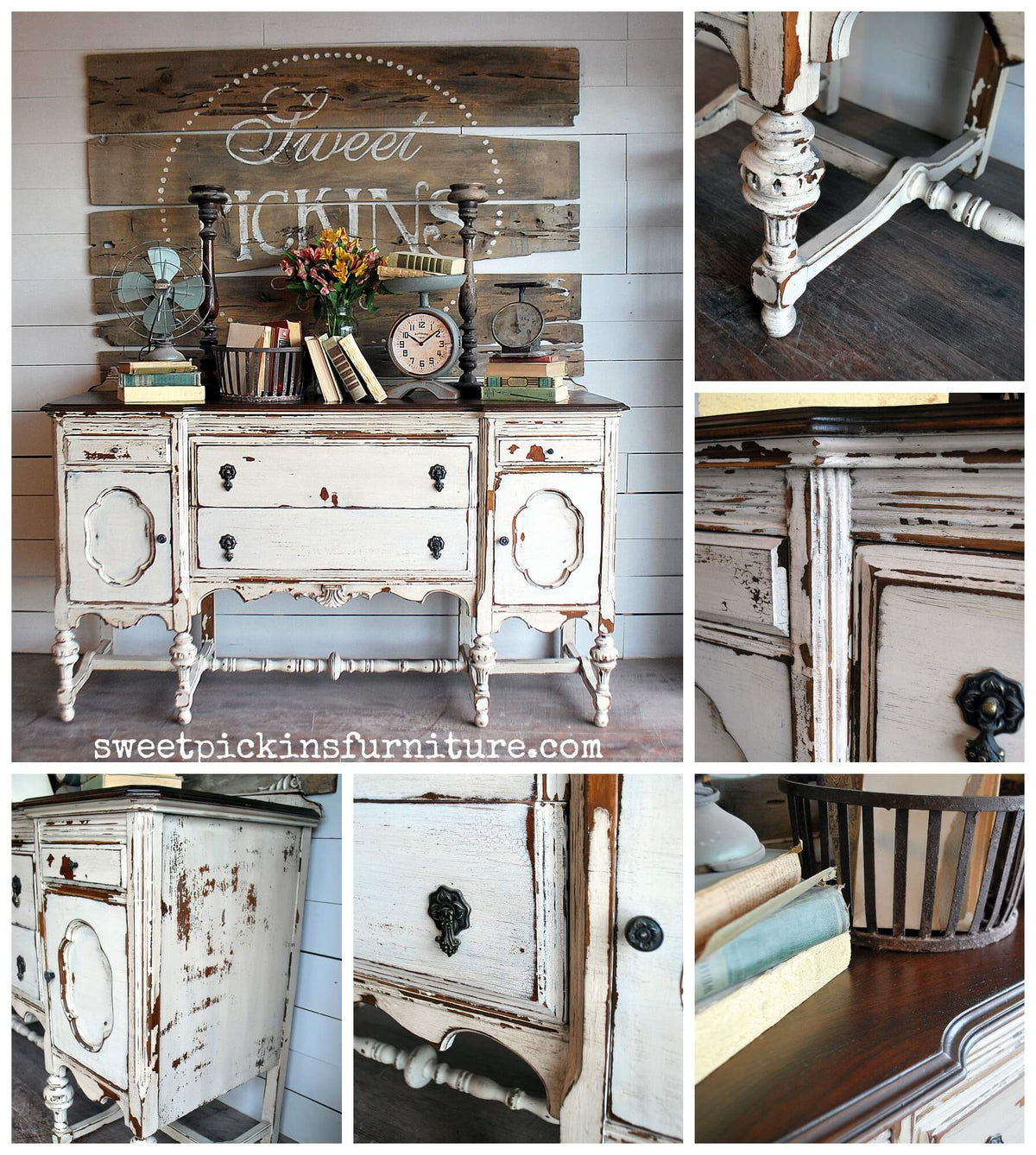 Collage of vintage furniture with 'Sweet Pickins' branding.